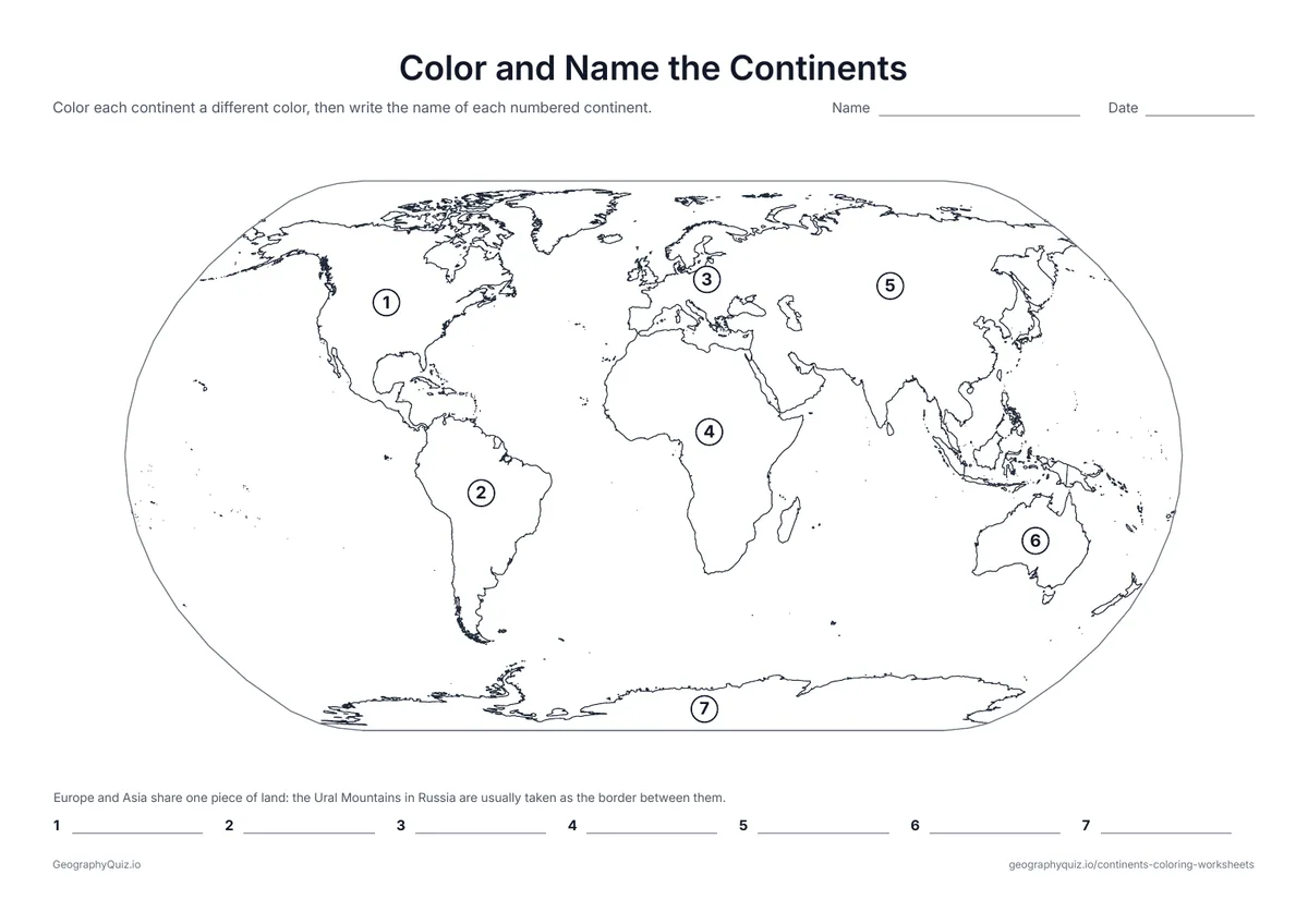 Preview of the printable color and name the continents worksheet: Each continent is numbered