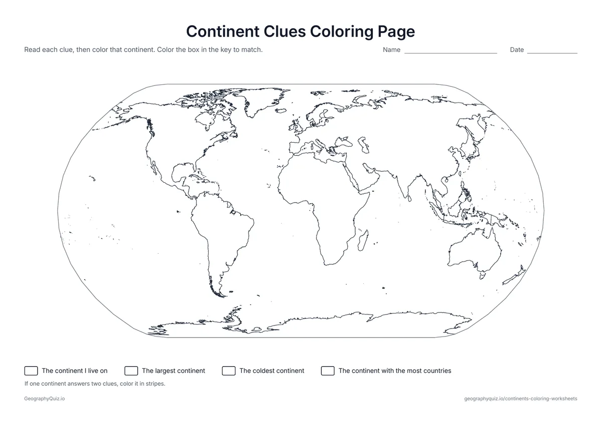 Preview of the printable continent clues coloring page worksheet: Four clues, such as the coldest continent and the largest one