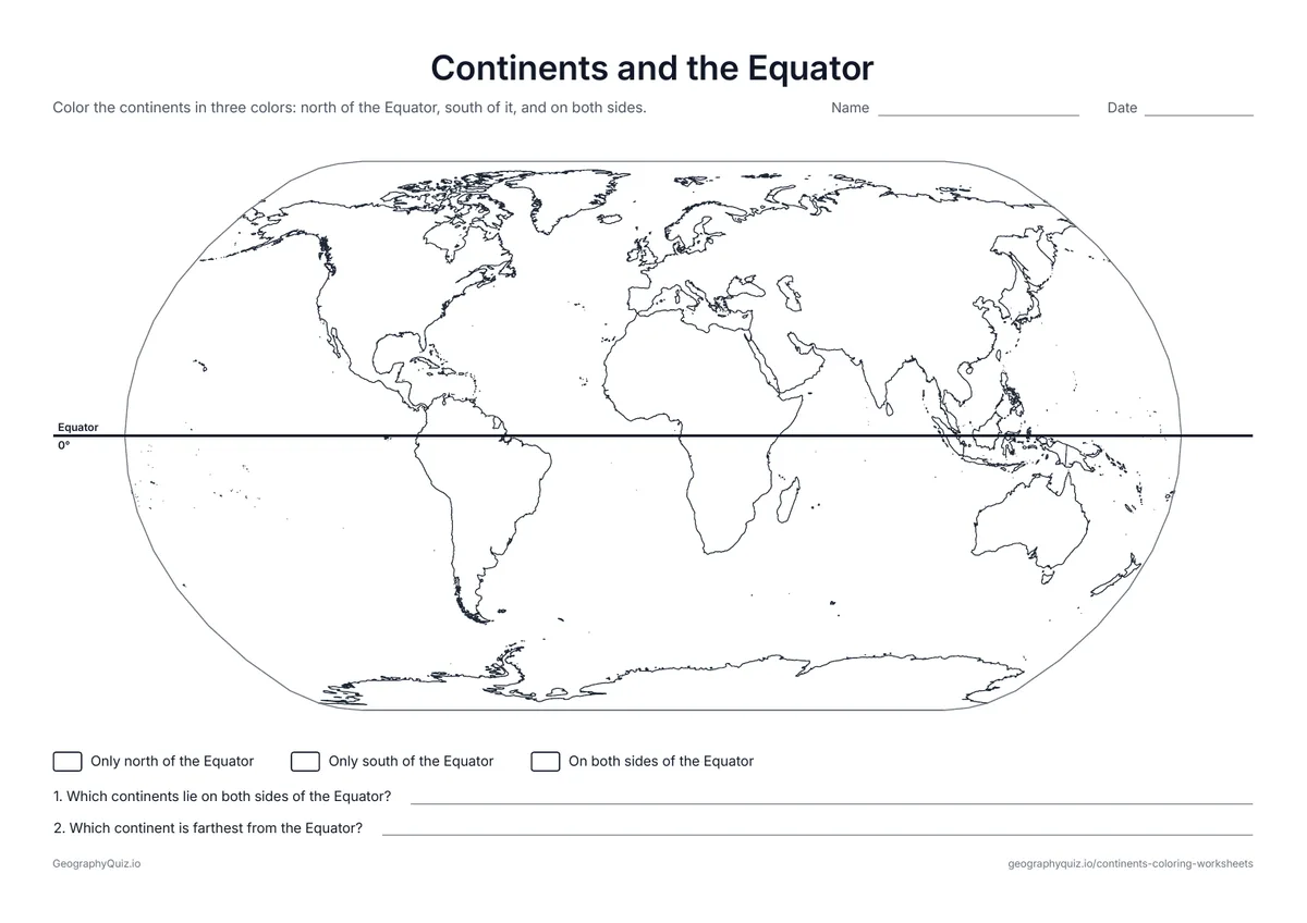 Preview of the printable continents and the equator worksheet: The Equator is drawn across the map
