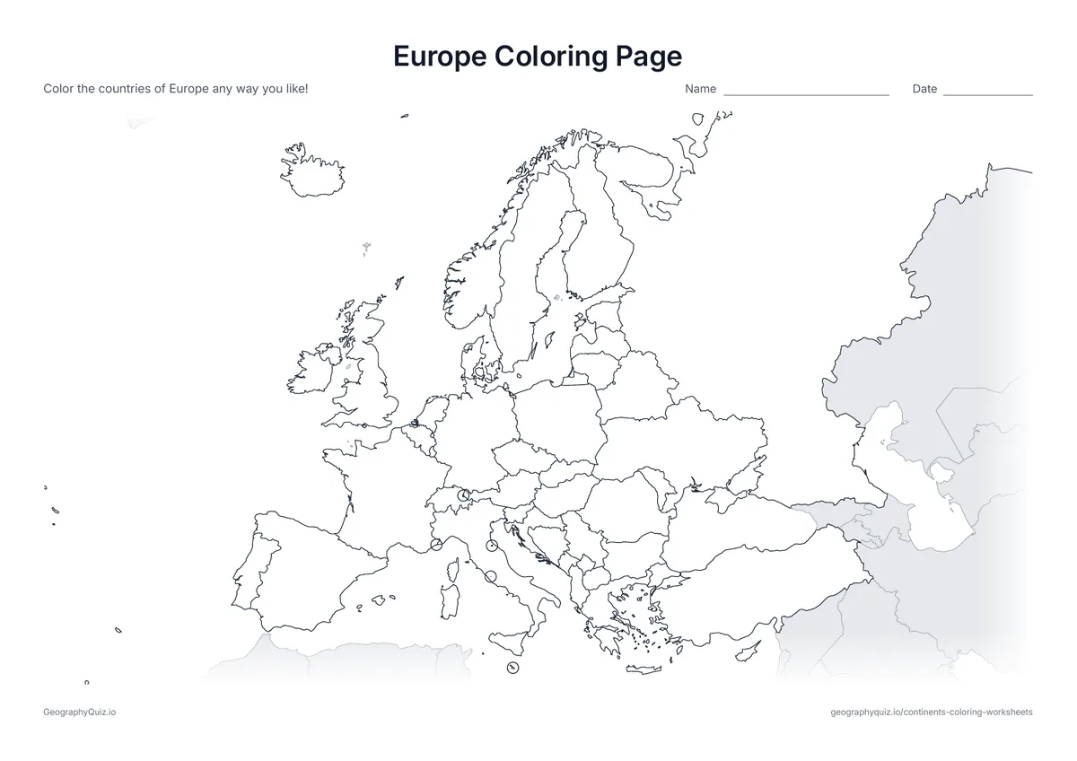 Preview of the printable europe coloring page worksheet: A map of Europe with every country outlined and the smallest countries circled