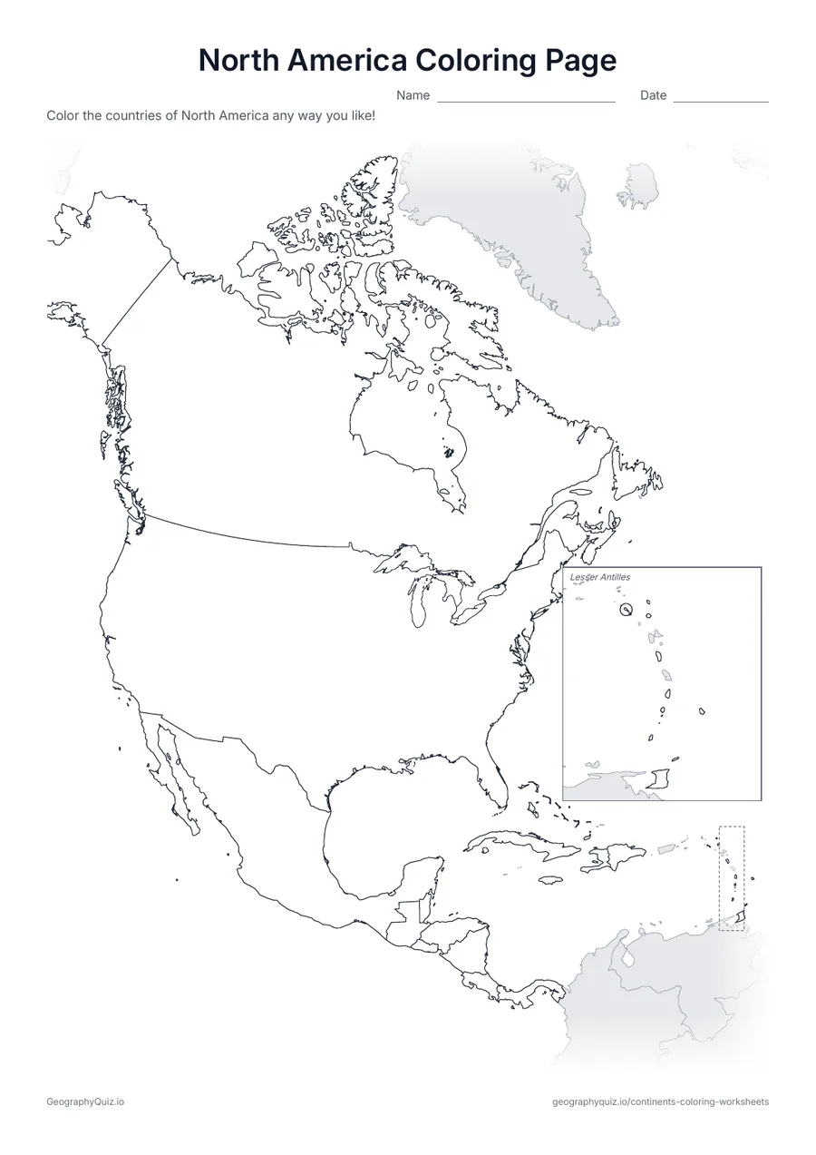 Preview of the printable north america coloring page worksheet: A map of North America, from Canada to Panama and the Caribbean, with every country outlined