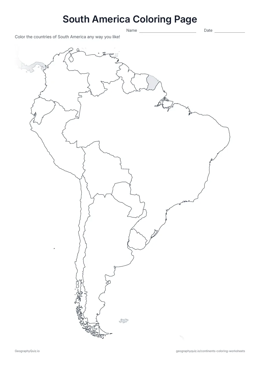 Preview of the printable south america coloring page worksheet: A map of South America with its 12 countries outlined – big shapes that are easy to color