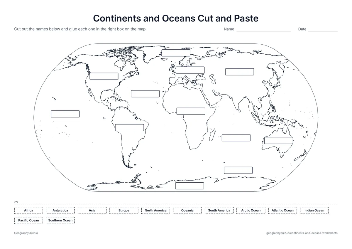 Preview of the printable continents and oceans cut and paste worksheet: Twelve empty boxes on the map and twelve names to cut out and glue in the right place – a hands-on sheet for young learners