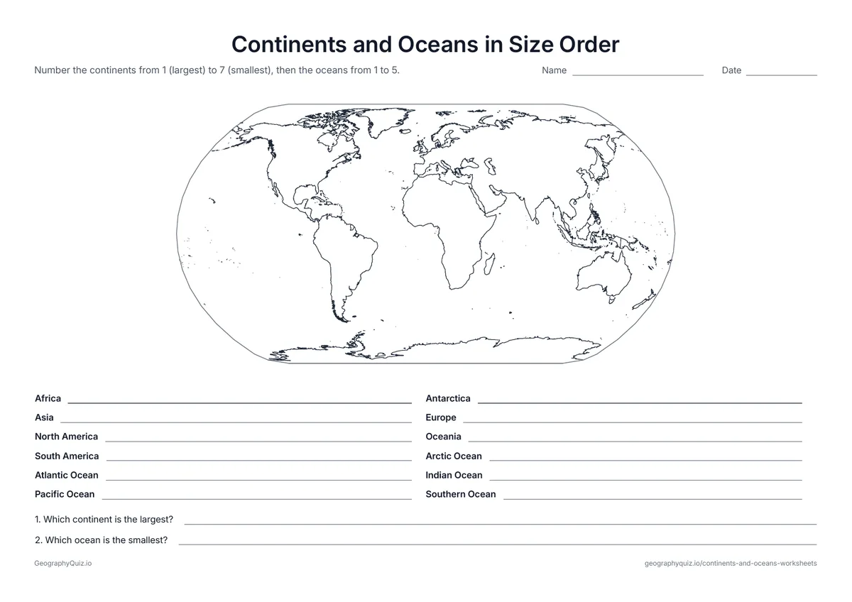 Preview of the printable continents and oceans in size order worksheet: Students number the continents from largest to smallest, then the oceans, and answer two questions