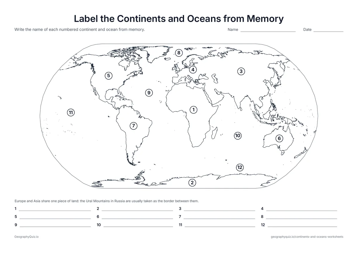 Preview of the printable label the continents and oceans from memory worksheet: The same twelve numbers with no word bank – a quick check of what students remember