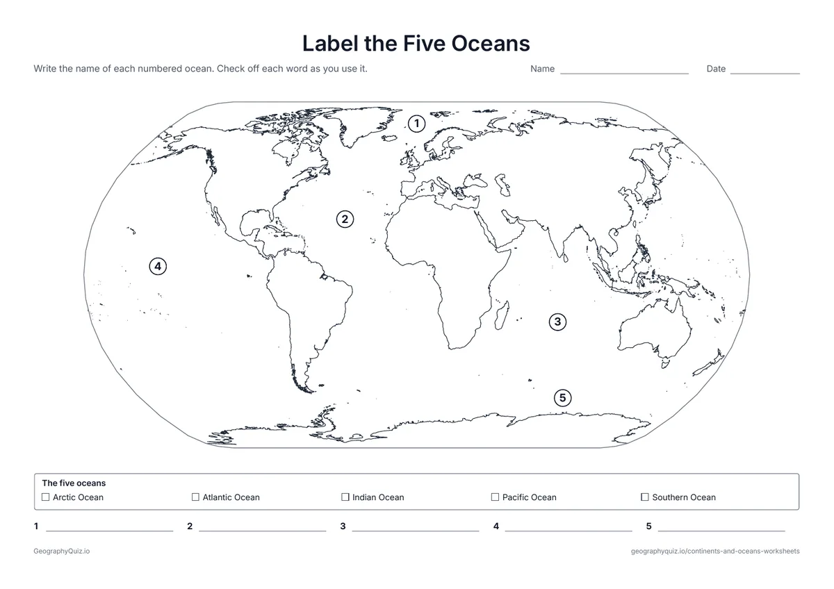Preview of the printable label the five oceans worksheet: The five oceans numbered on a world map, with a word bank and a writing line for each