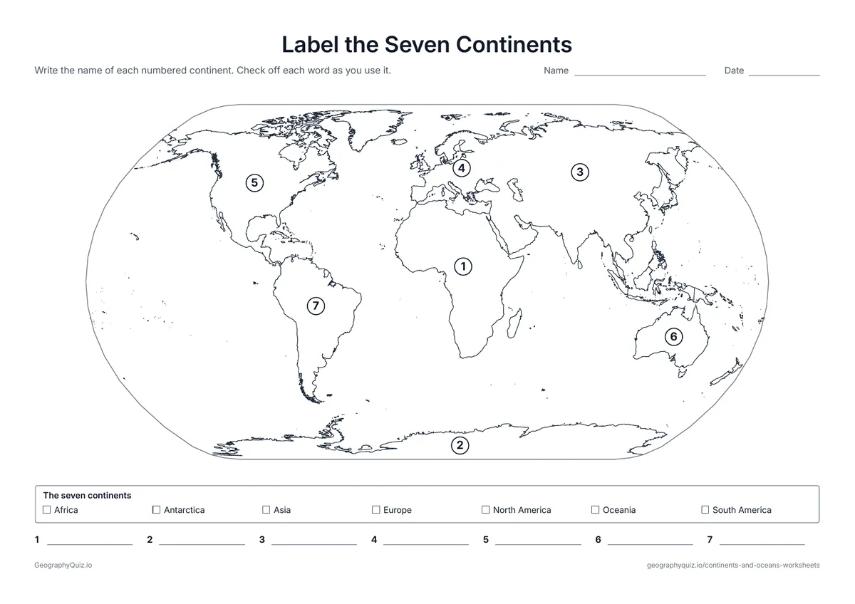 Preview of the printable label the seven continents worksheet: The seven continents numbered on a world map, with a word bank and a writing line for each