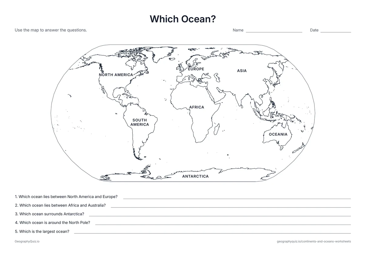 Preview of the printable which ocean? worksheet: The continents are named on the map