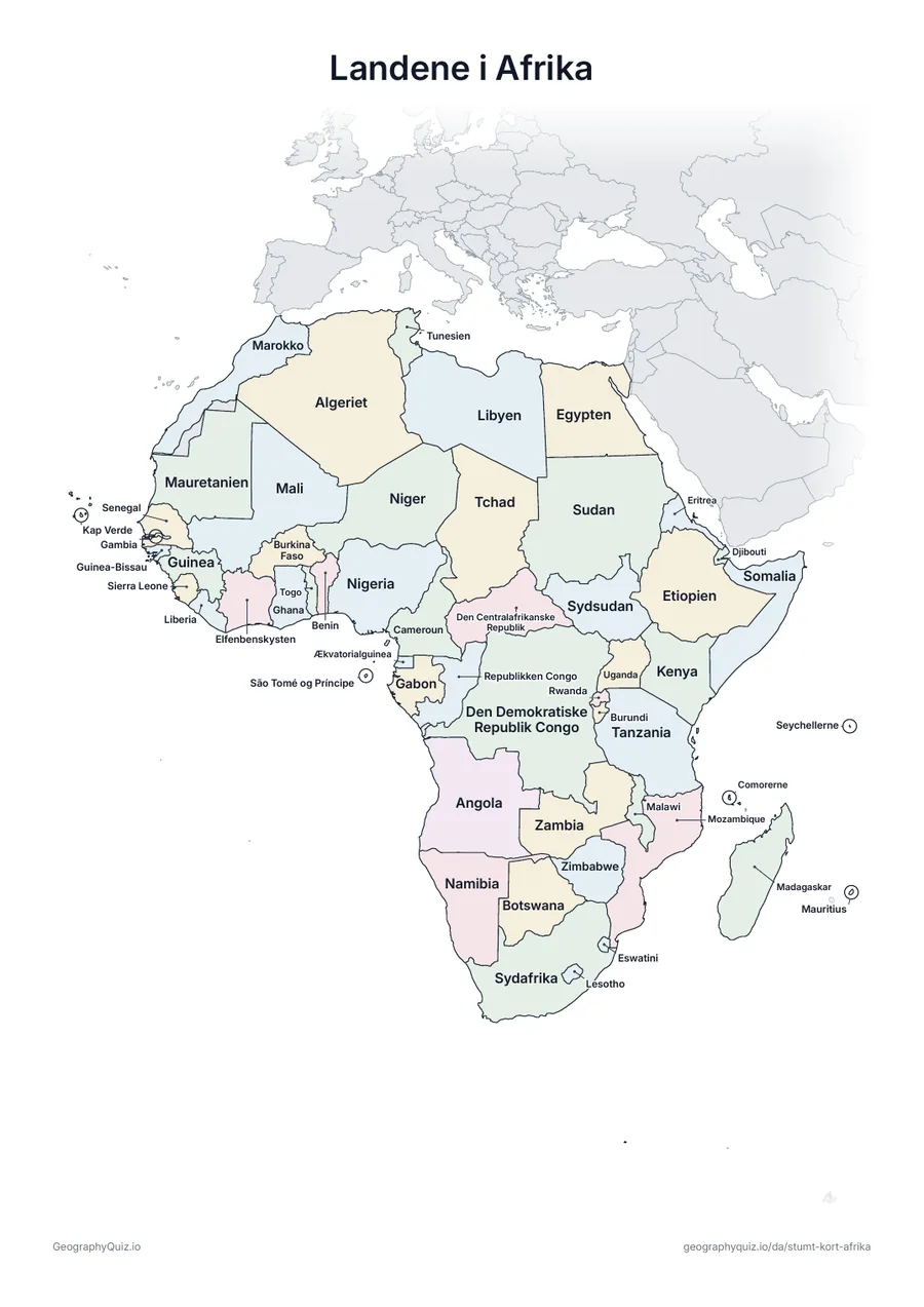 Forhåndsvisning af arbejdsarket »Landene i Afrika« til udskrift: Det samme kort med navnene på alle 54 lande – som oversigtsark, til repetition eller til at rette elevernes arbejde