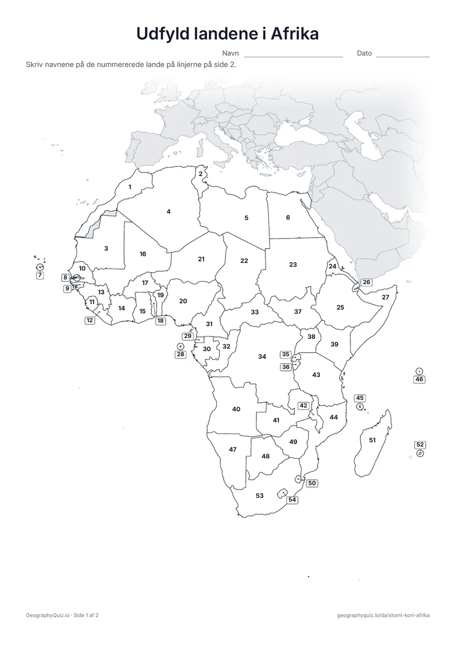 Forhåndsvisning af arbejdsarket »Udfyld landene i Afrika« til udskrift: Hvert land i Afrika har et nummer