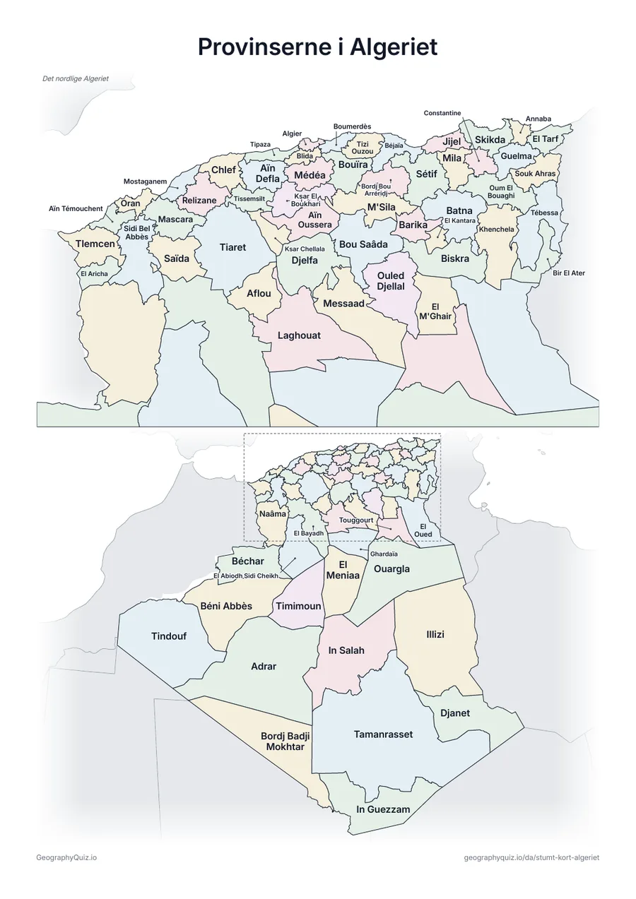 Forhåndsvisning af arbejdsarket »Provinserne i Algeriet« til udskrift: Et kort over Algeriet med alle navnene skrevet på – et oversigtsark til undervisningen og til at rette svarene