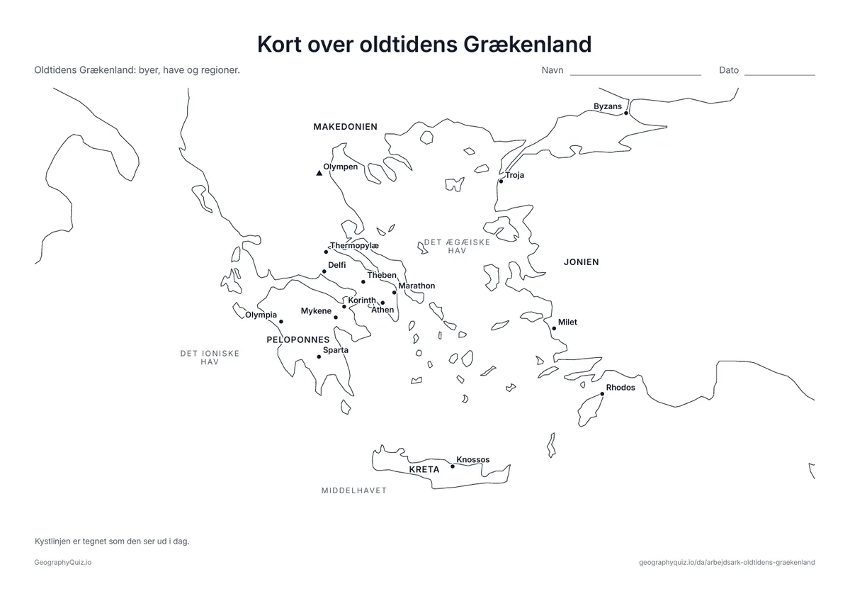 Forhåndsvisning af arbejdsarket »Kort over oldtidens Grækenland« til udskrift: Athen, Sparta, Marathon, Delfi, Olympia, Knossos, Troja og flere steder, med Olympen, havene og regionerne