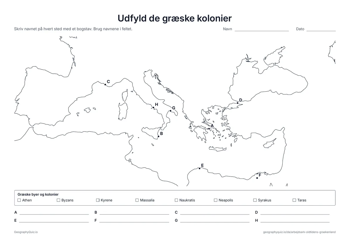 Forhåndsvisning af arbejdsarket »Udfyld de græske kolonier« til udskrift: Otte bogstavbyer rundt om Middelhavet