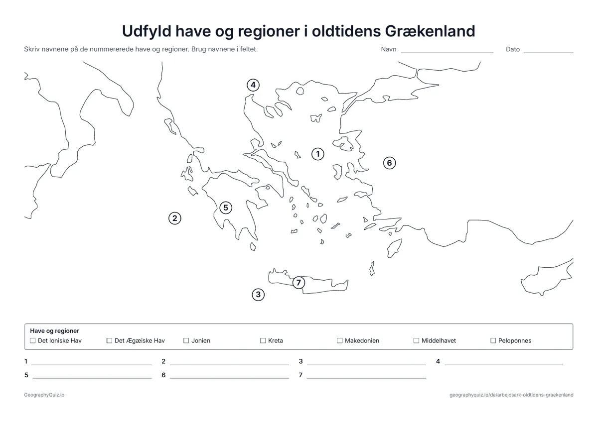 Forhåndsvisning af arbejdsarket »Udfyld have og regioner i oldtidens Grækenland« til udskrift: Det Ægæiske Hav, Det Joniske Hav og Middelhavet samt Makedonien, Peloponnes, Jonien og Kreta skal navngives