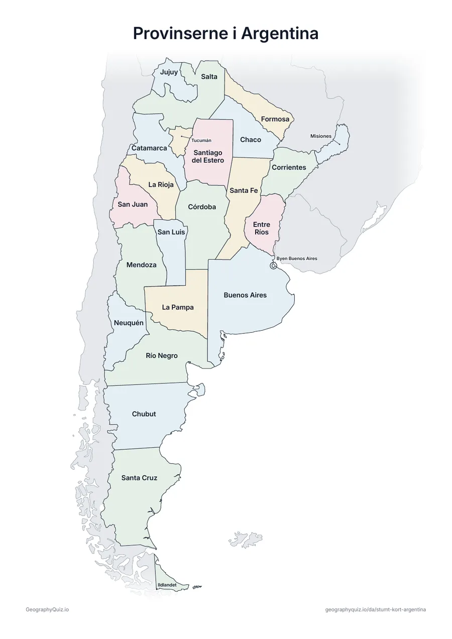 Forhåndsvisning af arbejdsarket »Provinserne i Argentina« til udskrift: Et kort over Argentina med alle navnene skrevet på – et oversigtsark til undervisningen og til at rette svarene