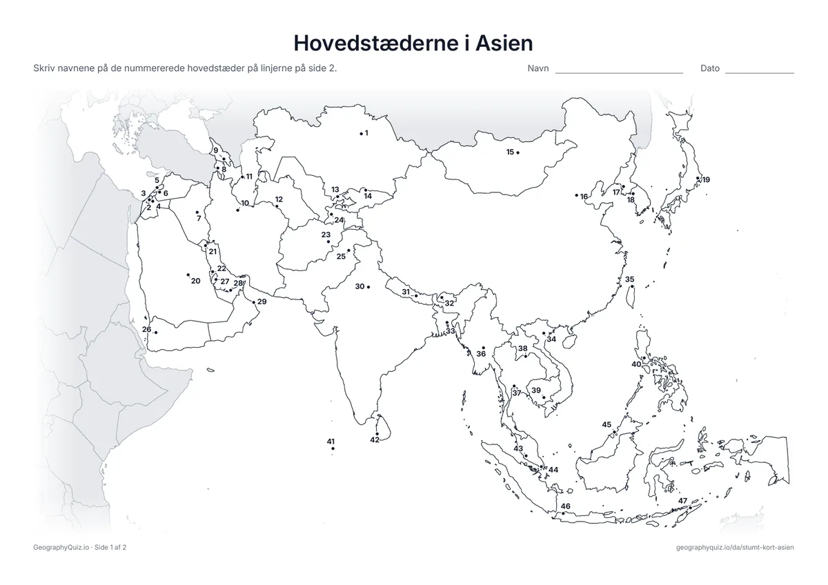 Forhåndsvisning af arbejdsarket »Hovedstæderne i Asien« til udskrift: Hver hovedstad er markeret med et nummereret punkt