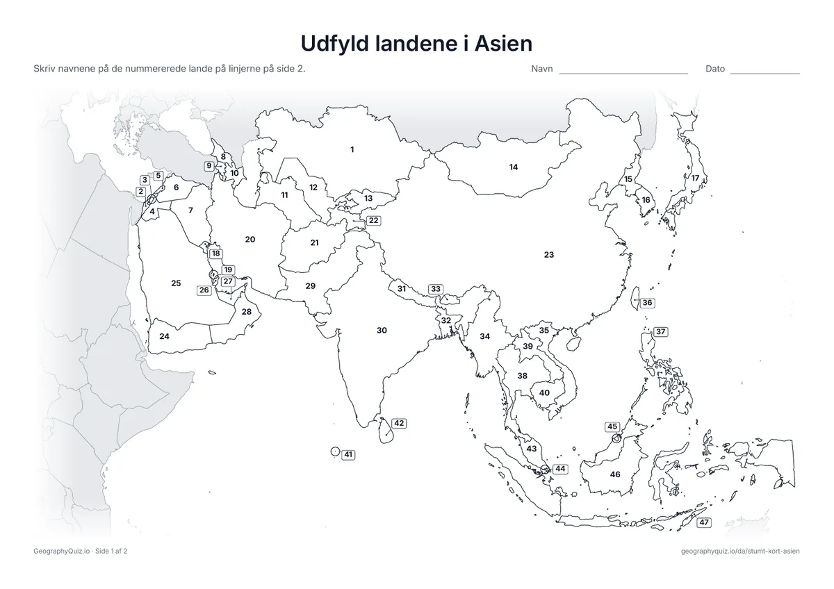 Forhåndsvisning af arbejdsarket »Udfyld landene i Asien« til udskrift: Hvert land i Asien har et nummer