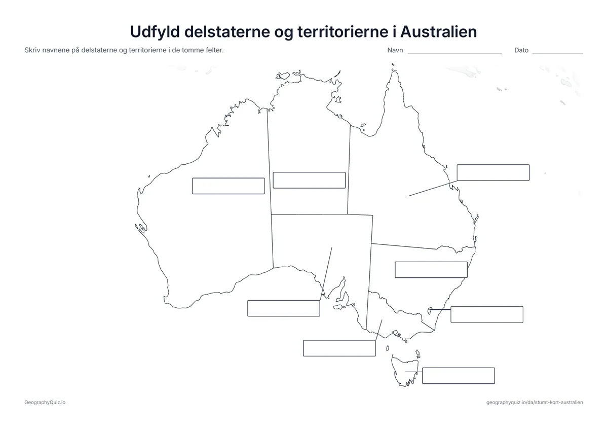 Forhåndsvisning af arbejdsarket »Udfyld delstaterne og territorierne i Australien« til udskrift: Alle seks delstater og to territorier er forbundet med en streg til hvert sit tomme svarfelt, som på arket »Udfyld verdensdelene« blandt verdenskortene