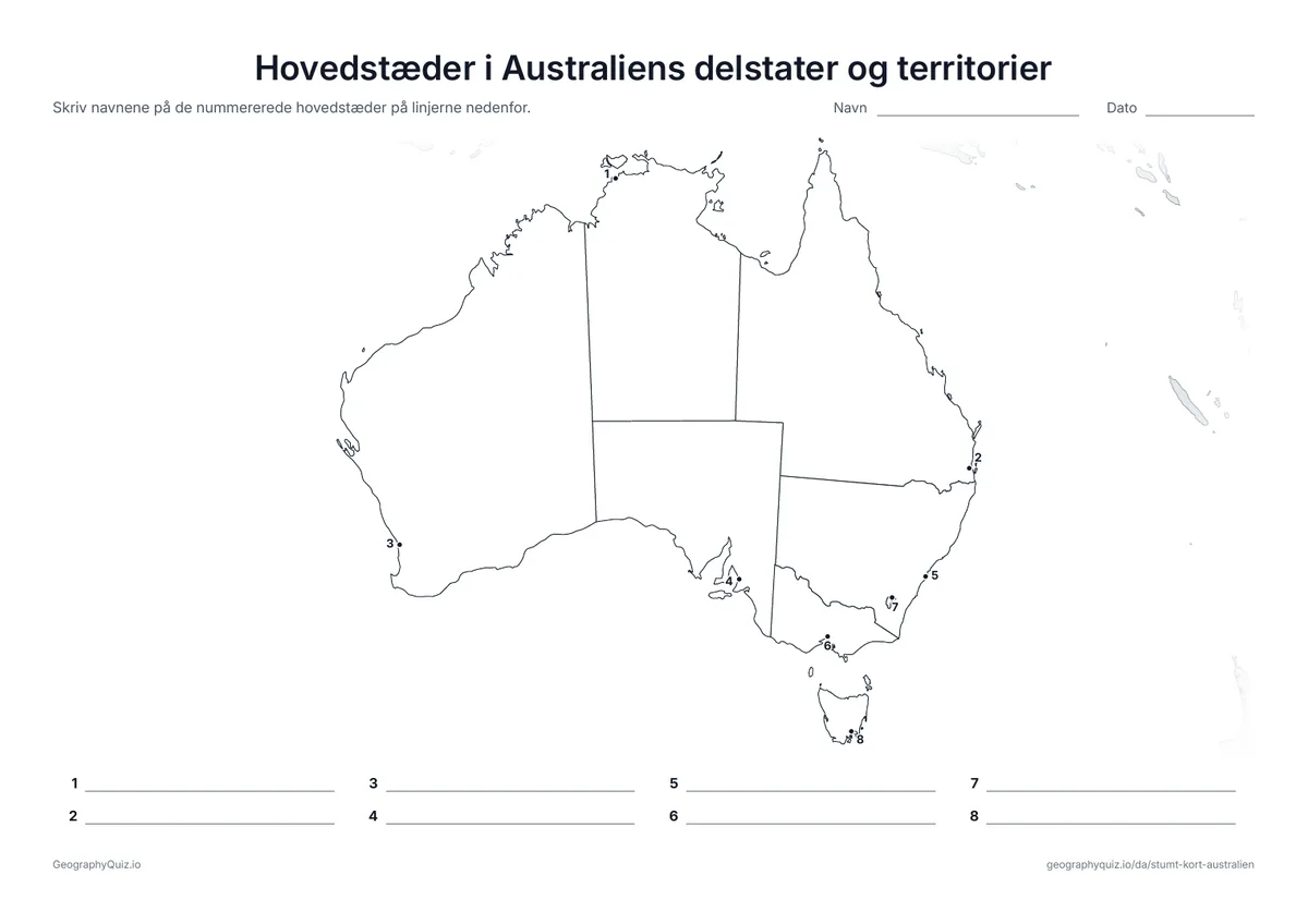 Forhåndsvisning af arbejdsarket »Hovedstæder i Australiens delstater og territorier« til udskrift: Hver hovedstad er markeret med et nummereret punkt