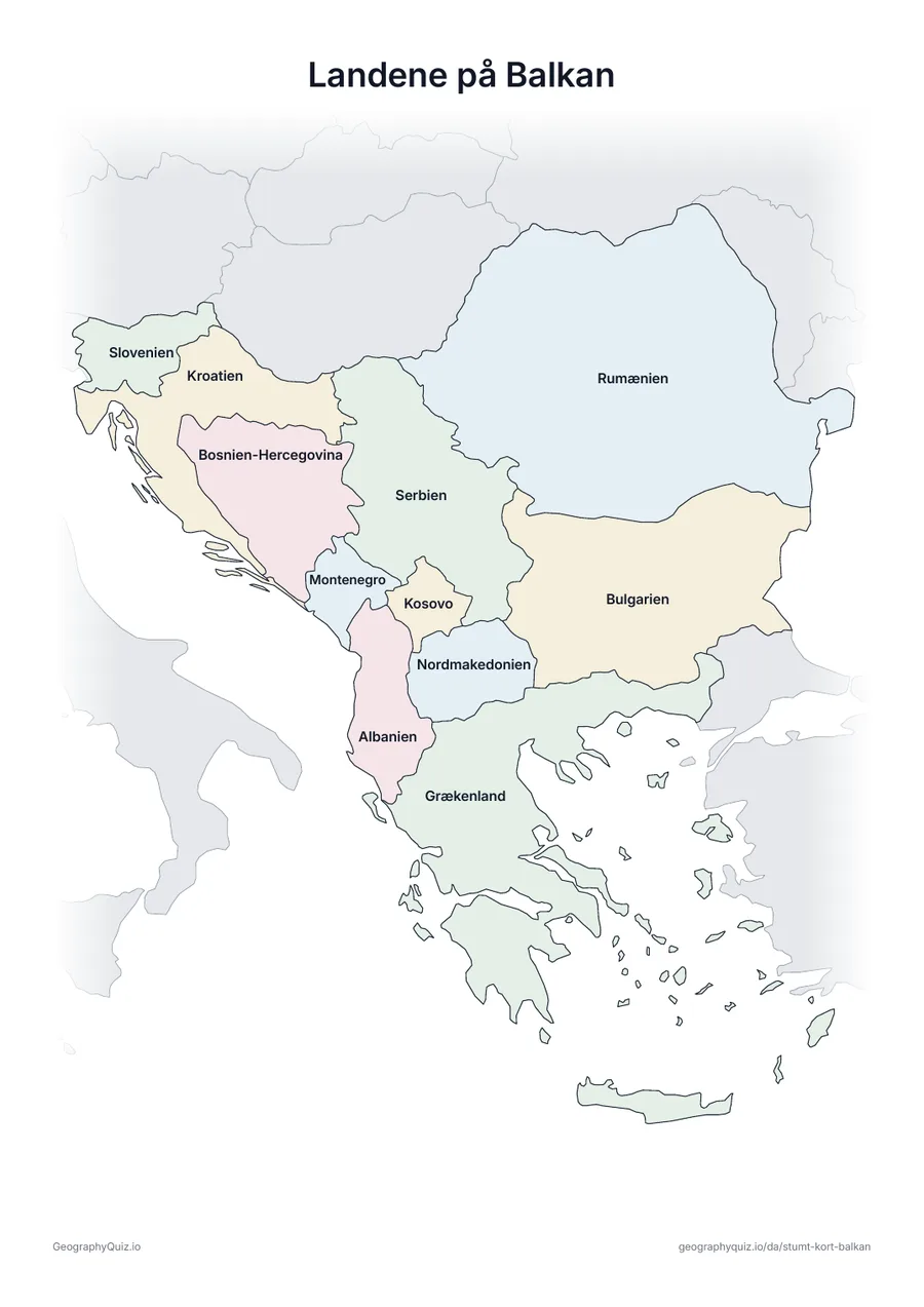 Forhåndsvisning af arbejdsarket »Landene på Balkan« til udskrift: Det samme kort med navnene på alle 11 lande – til undervisning, repetition eller til at rette elevernes arbejde