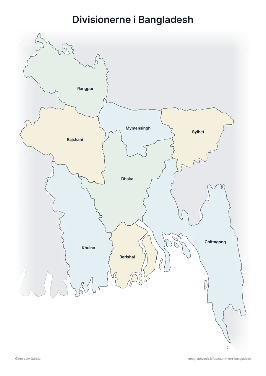 Forhåndsvisning af arbejdsarket »Divisionerne i Bangladesh« til udskrift: Et kort over Bangladesh med alle navnene skrevet på – et oversigtsark til undervisningen og til at rette svarene