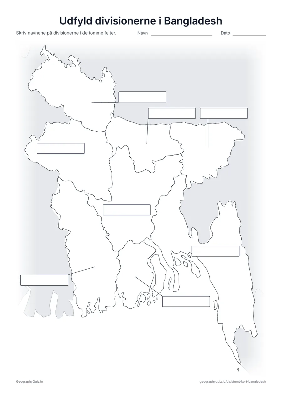Forhåndsvisning af arbejdsarket »Udfyld divisionerne i Bangladesh« til udskrift: Alle otte divisioner er forbundet med en streg til hvert sit tomme svarfelt, som på arket »Udfyld verdensdelene« blandt verdenskortene
