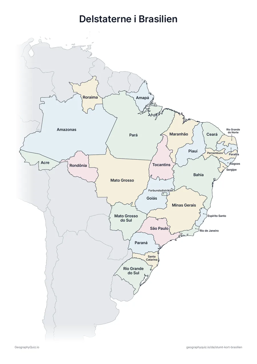 Forhåndsvisning af arbejdsarket »Delstaterne i Brasilien« til udskrift: Et kort over Brasilien med alle navnene skrevet på – et oversigtsark til undervisningen og til at rette svarene