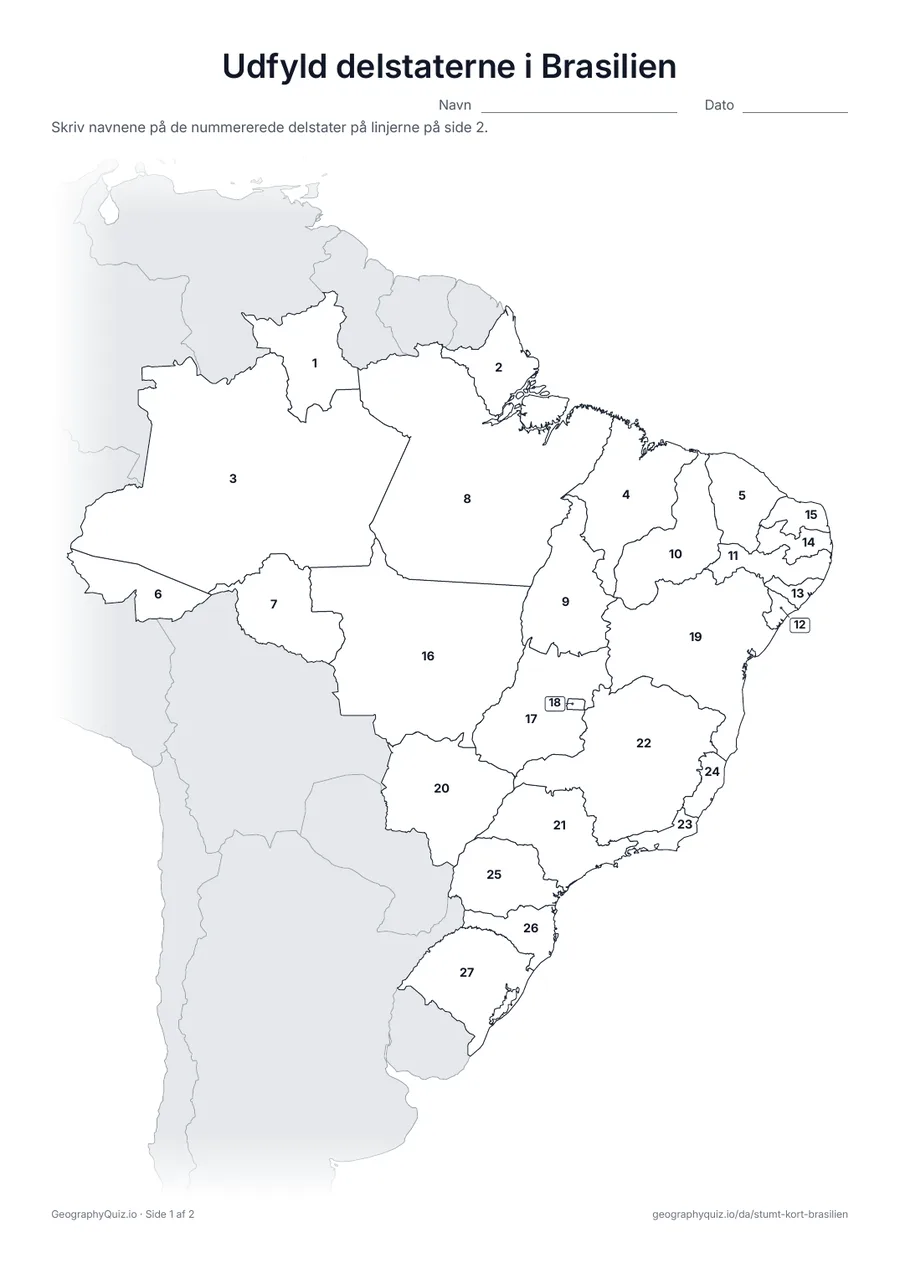 Forhåndsvisning af arbejdsarket »Udfyld delstaterne i Brasilien« til udskrift: Alle 26 delstater og forbundsdistriktet er nummererede