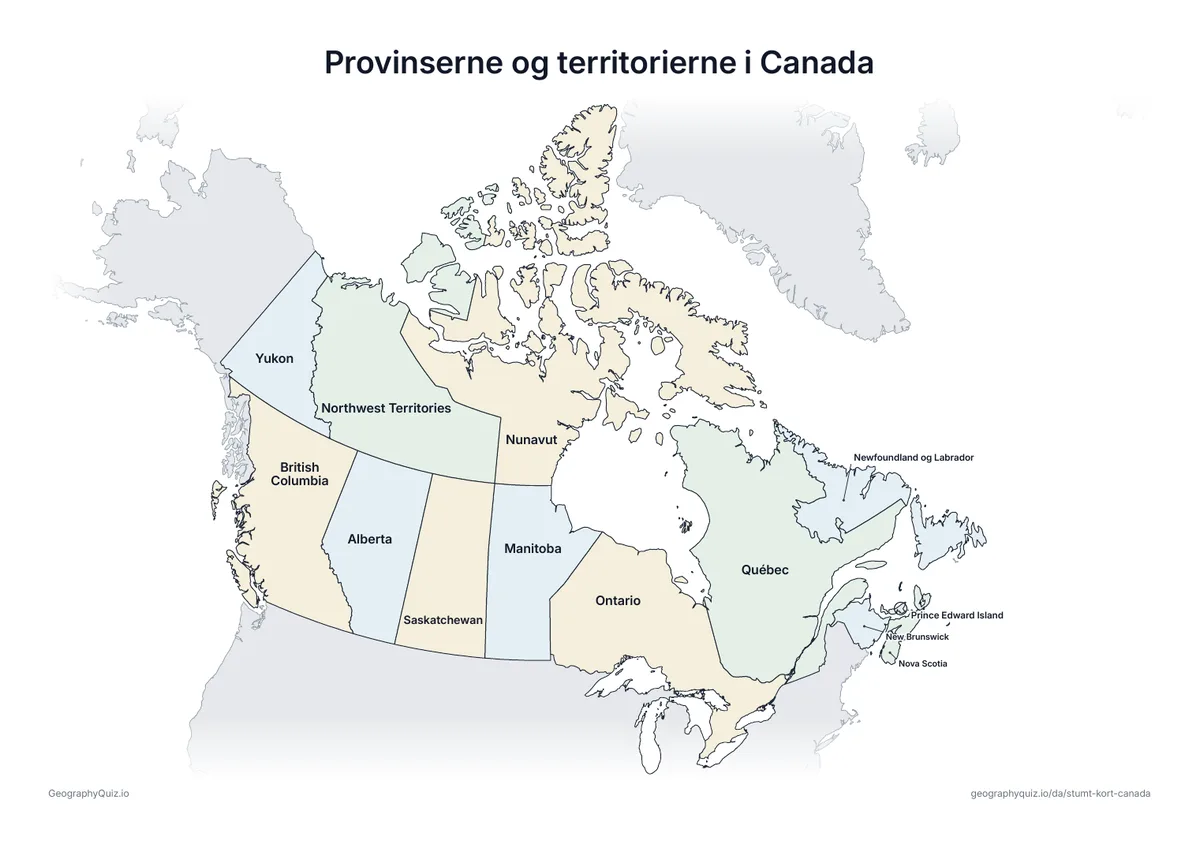 Forhåndsvisning af arbejdsarket »Provinserne og territorierne i Canada« til udskrift: Et kort over Canada med alle navnene skrevet på – et oversigtsark til undervisningen og til at rette svarene