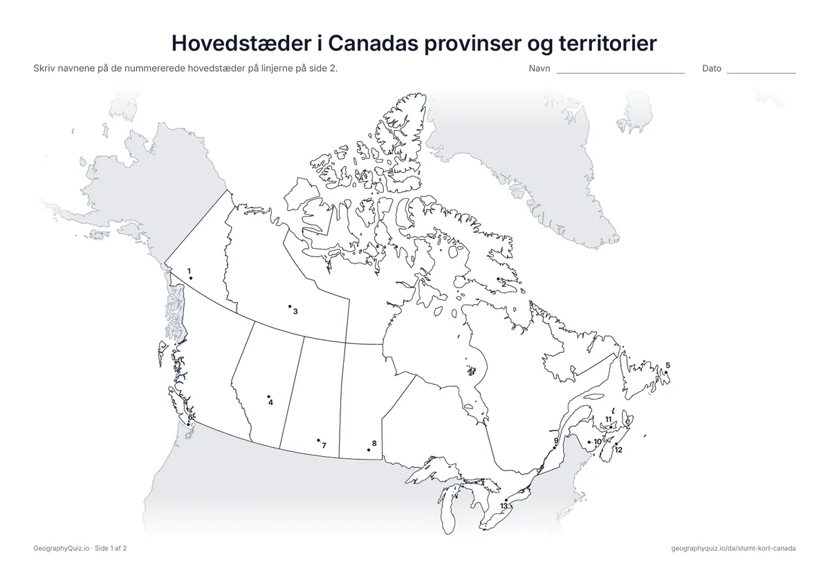 Forhåndsvisning af arbejdsarket »Hovedstæder i Canadas provinser og territorier« til udskrift: Hver hovedstad er markeret med et nummereret punkt
