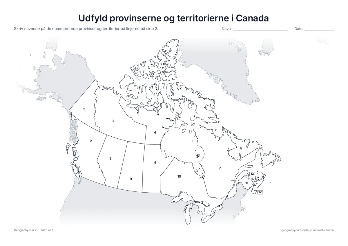 Forhåndsvisning af arbejdsarket »Udfyld provinserne og territorierne i Canada« til udskrift: Alle 10 provinser og 3 territorier er nummererede