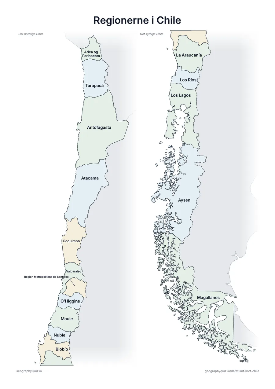 Forhåndsvisning af arbejdsarket »Regionerne i Chile« til udskrift: Et kort over Chile med alle navnene skrevet på – et oversigtsark til undervisningen og til at rette svarene
