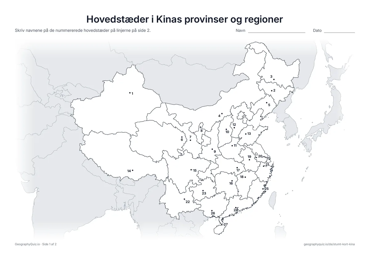 Forhåndsvisning af arbejdsarket »Hovedstæder i Kinas provinser og regioner« til udskrift: Hovedstaden i hver provins og autonom region er markeret med et nummereret punkt