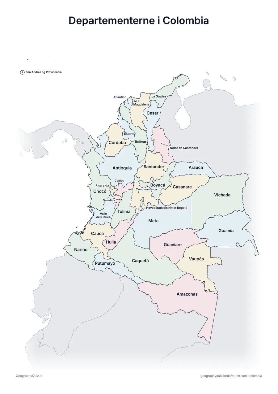 Forhåndsvisning af arbejdsarket »Departementerne i Colombia« til udskrift: Et kort over Colombia med alle navnene skrevet på – et oversigtsark til undervisningen og til at rette svarene