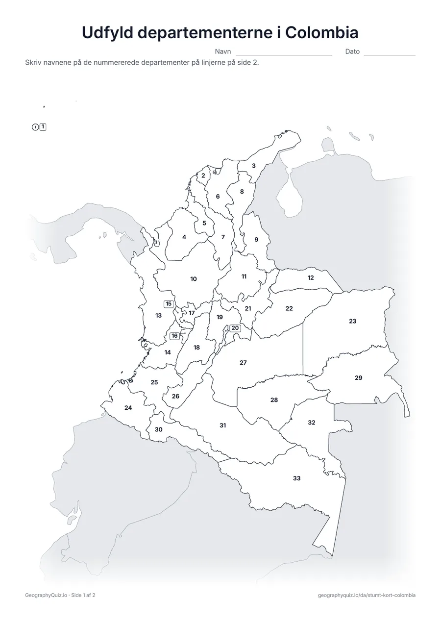 Forhåndsvisning af arbejdsarket »Udfyld departementerne i Colombia« til udskrift: Alle 32 departementer og Bogotá er nummererede