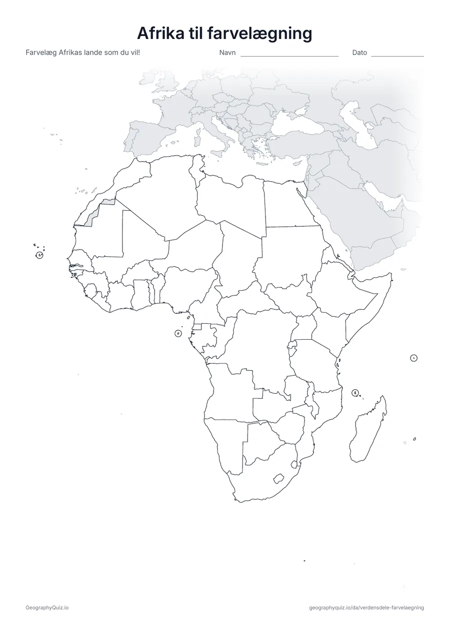 Forhåndsvisning af arbejdsarket »Afrika til farvelægning« til udskrift: Et kort over Afrika med alle 54 lande, klar til at blive farvelagt
