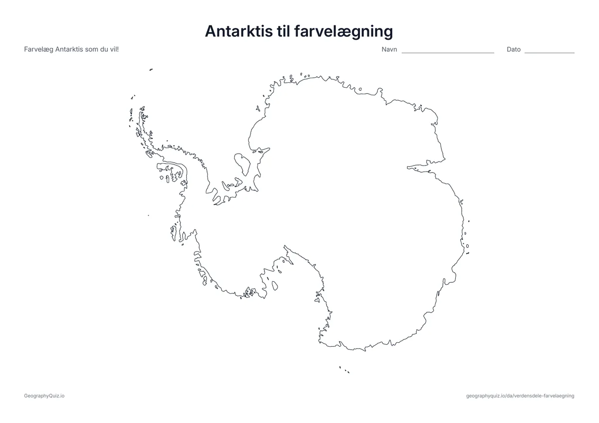 Forhåndsvisning af arbejdsarket »Antarktis til farvelægning« til udskrift: Antarktis set ovenfra, over Sydpolen: en stor, isdækket verdensdel at farvelægge