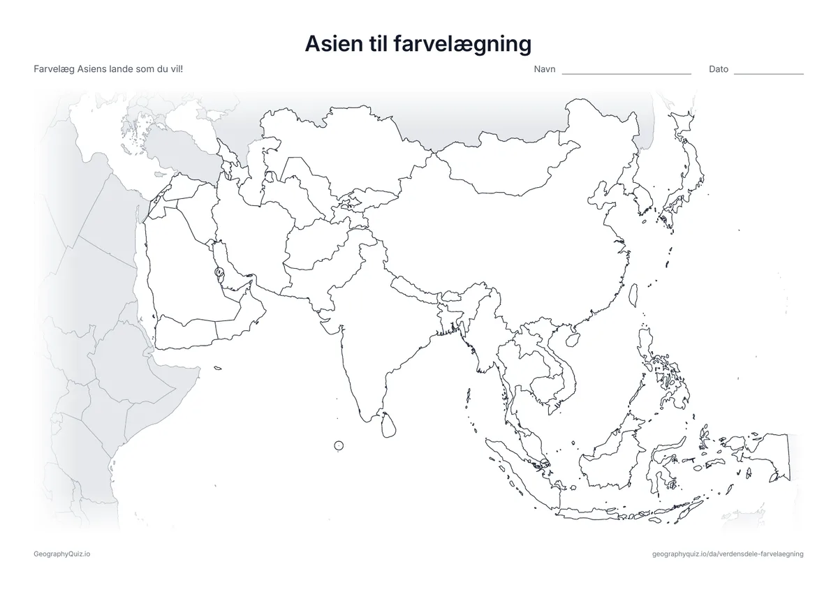 Forhåndsvisning af arbejdsarket »Asien til farvelægning« til udskrift: Et kort over Asien, den største verdensdel, med alle lande