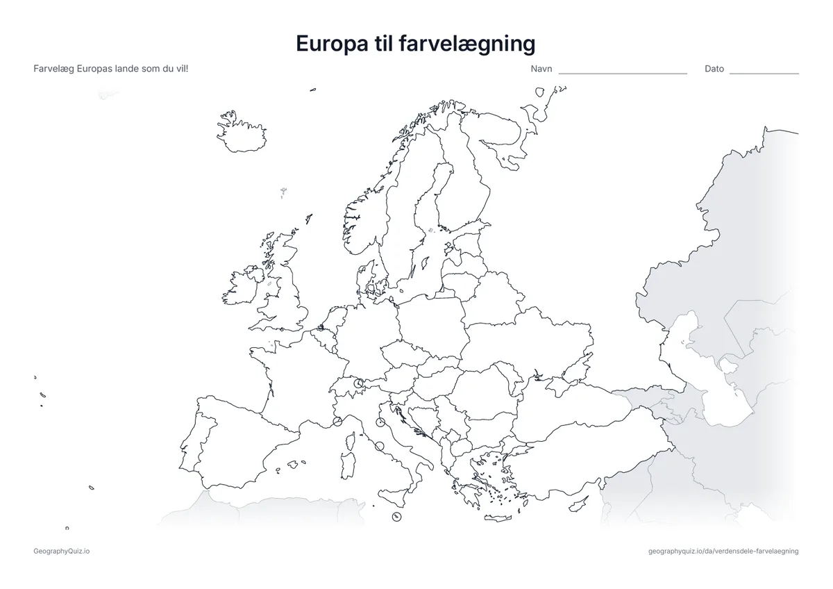 Forhåndsvisning af arbejdsarket »Europa til farvelægning« til udskrift: Et kort over Europa med alle lande; de mindste er sat i ring
