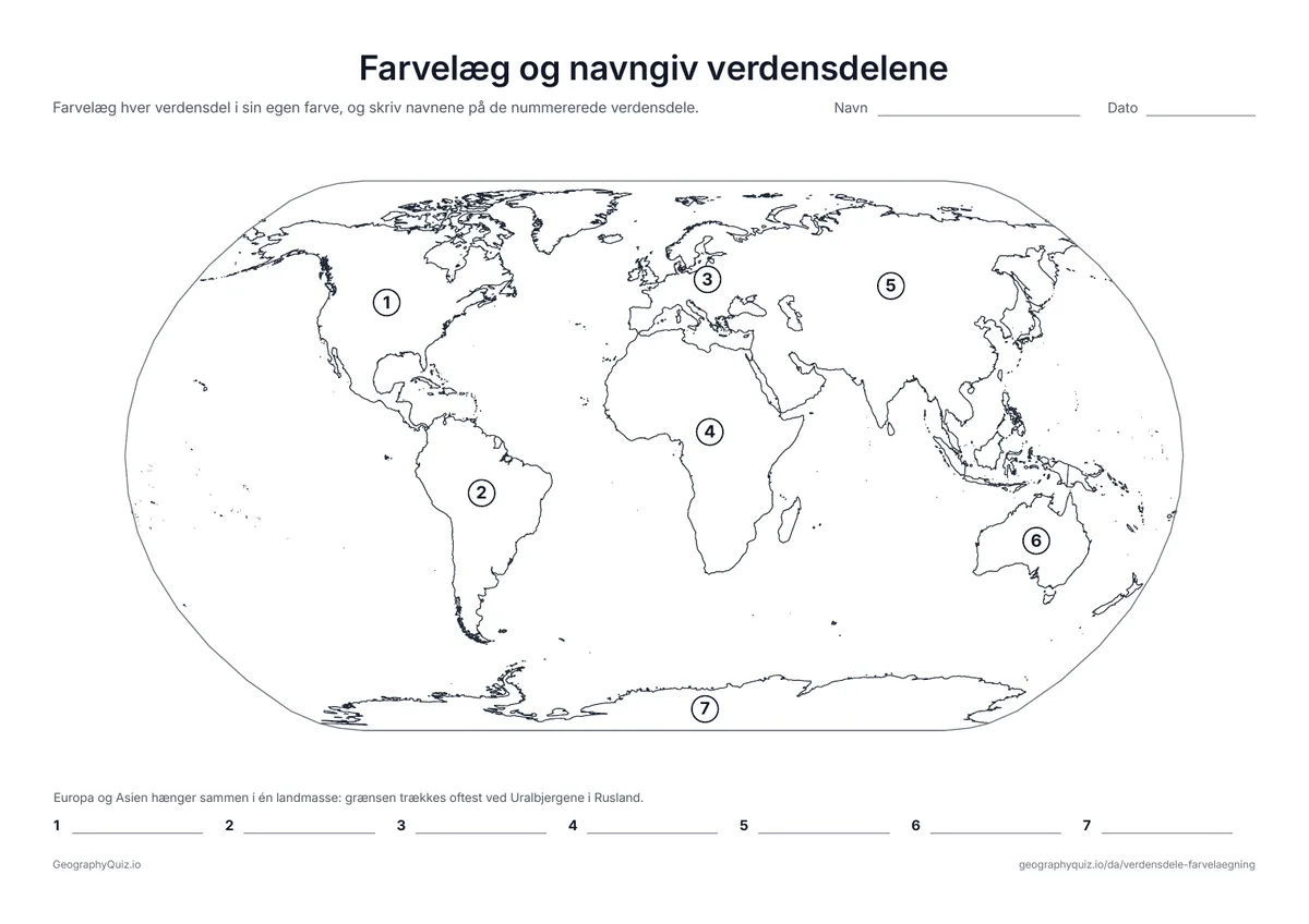 Forhåndsvisning af arbejdsarket »Farvelæg og navngiv verdensdelene« til udskrift: Hver verdensdel har et nummer