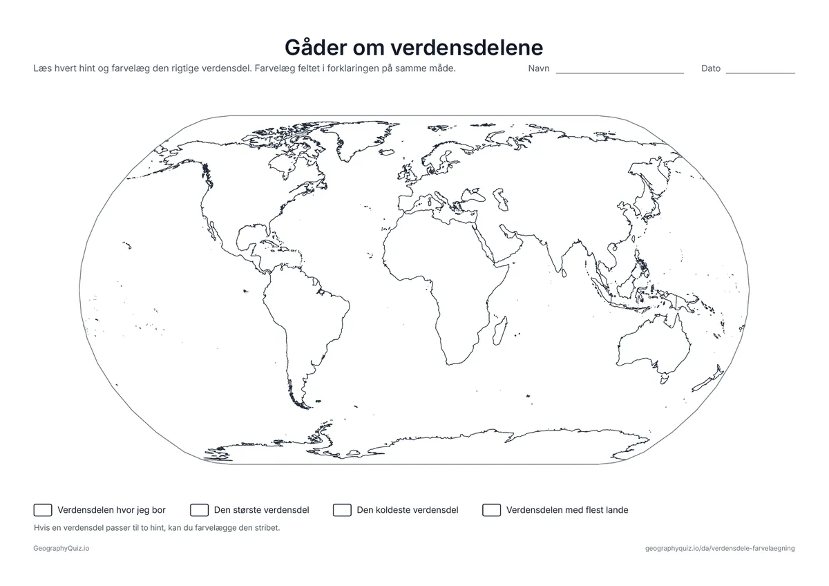 Forhåndsvisning af arbejdsarket »Gåder om verdensdelene« til udskrift: Fire hint, for eksempel den koldeste eller den største verdensdel