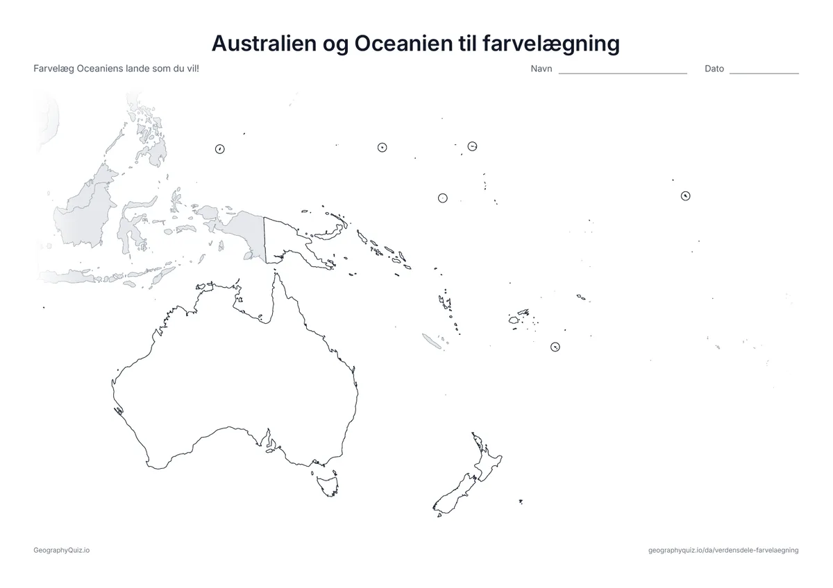 Forhåndsvisning af arbejdsarket »Australien og Oceanien til farvelægning« til udskrift: Et kort over Australien, New Zealand og øerne i Stillehavet; de mindste lande er sat i ring