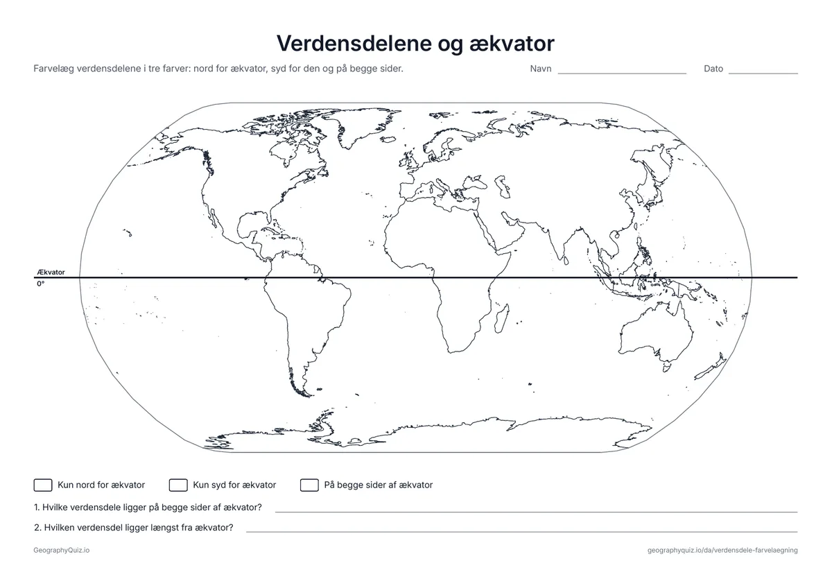 Forhåndsvisning af arbejdsarket »Verdensdelene og ækvator« til udskrift: Ækvator er tegnet ind