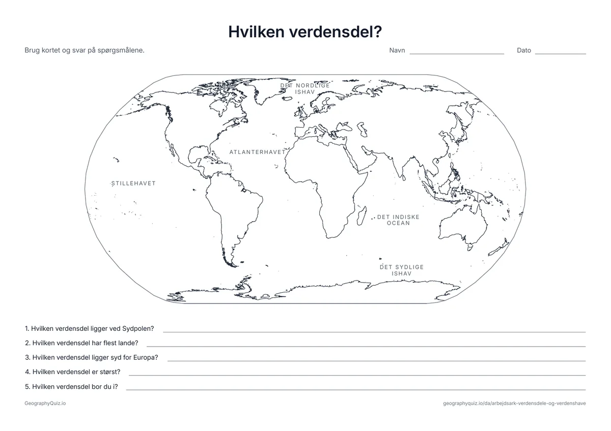 Forhåndsvisning af arbejdsarket »Hvilken verdensdel?« til udskrift: Verdenshavene har deres navne på kortet