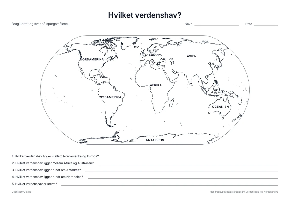 Forhåndsvisning af arbejdsarket »Hvilket verdenshav?« til udskrift: Verdensdelene har deres navne på kortet
