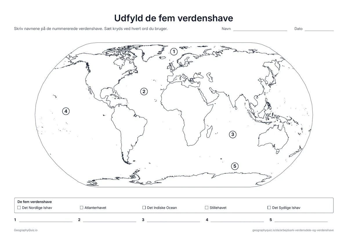 Forhåndsvisning af arbejdsarket »Udfyld de fem verdenshave« til udskrift: De fem verdenshave nummererede på et verdenskort, med ordliste og en skrivelinje til hvert