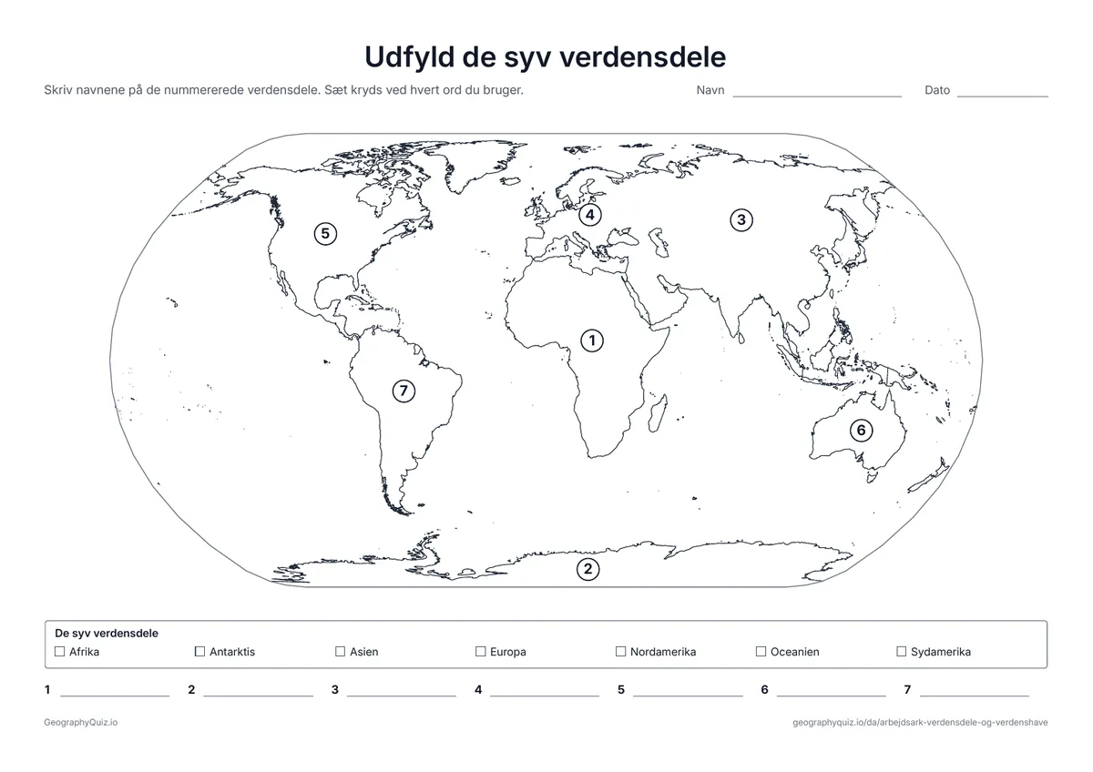 Forhåndsvisning af arbejdsarket »Udfyld de syv verdensdele« til udskrift: De syv verdensdele nummererede på et verdenskort, med ordliste og en skrivelinje til hver