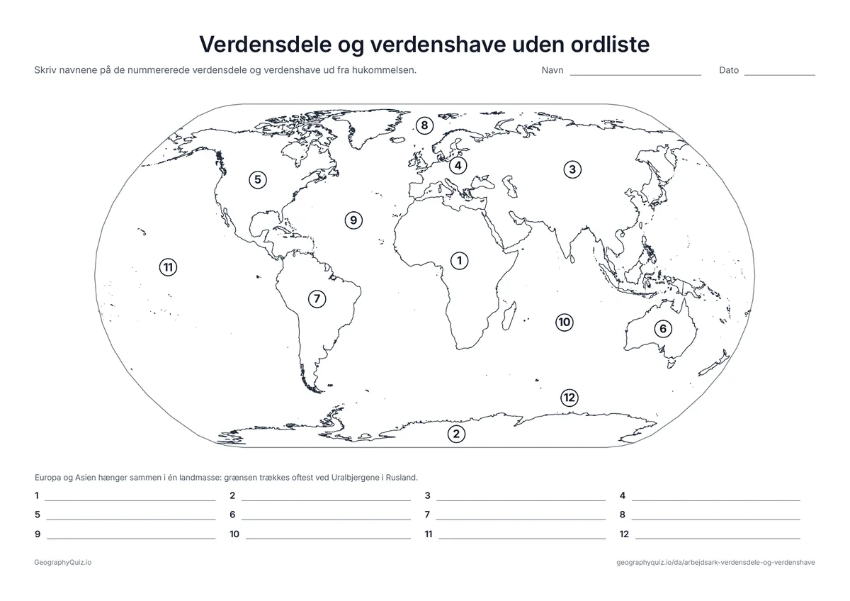 Forhåndsvisning af arbejdsarket »Verdensdele og verdenshave uden ordliste« til udskrift: De samme tolv numre uden ordliste – et hurtigt tjek af hvad der er blevet hængende