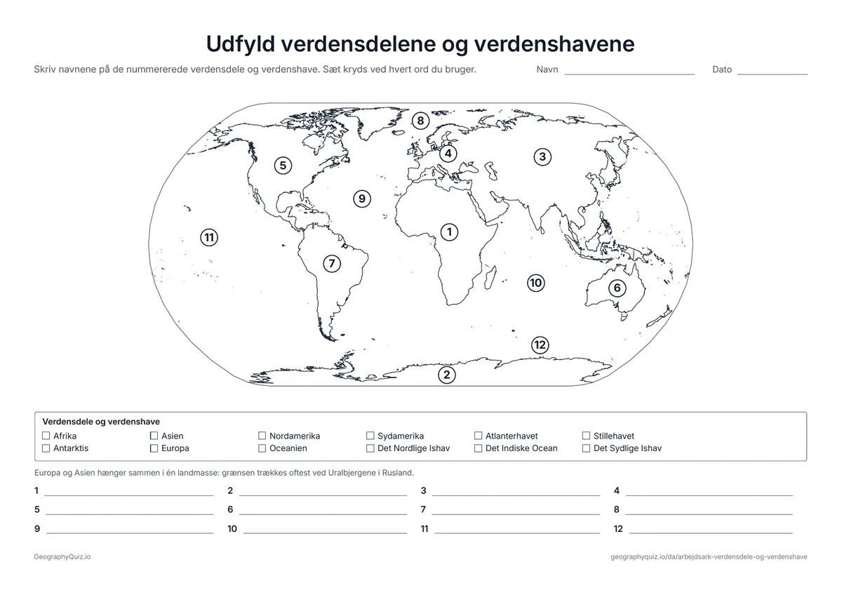 Forhåndsvisning af arbejdsarket: stumt kort – verdensdelene og verdenshavene
