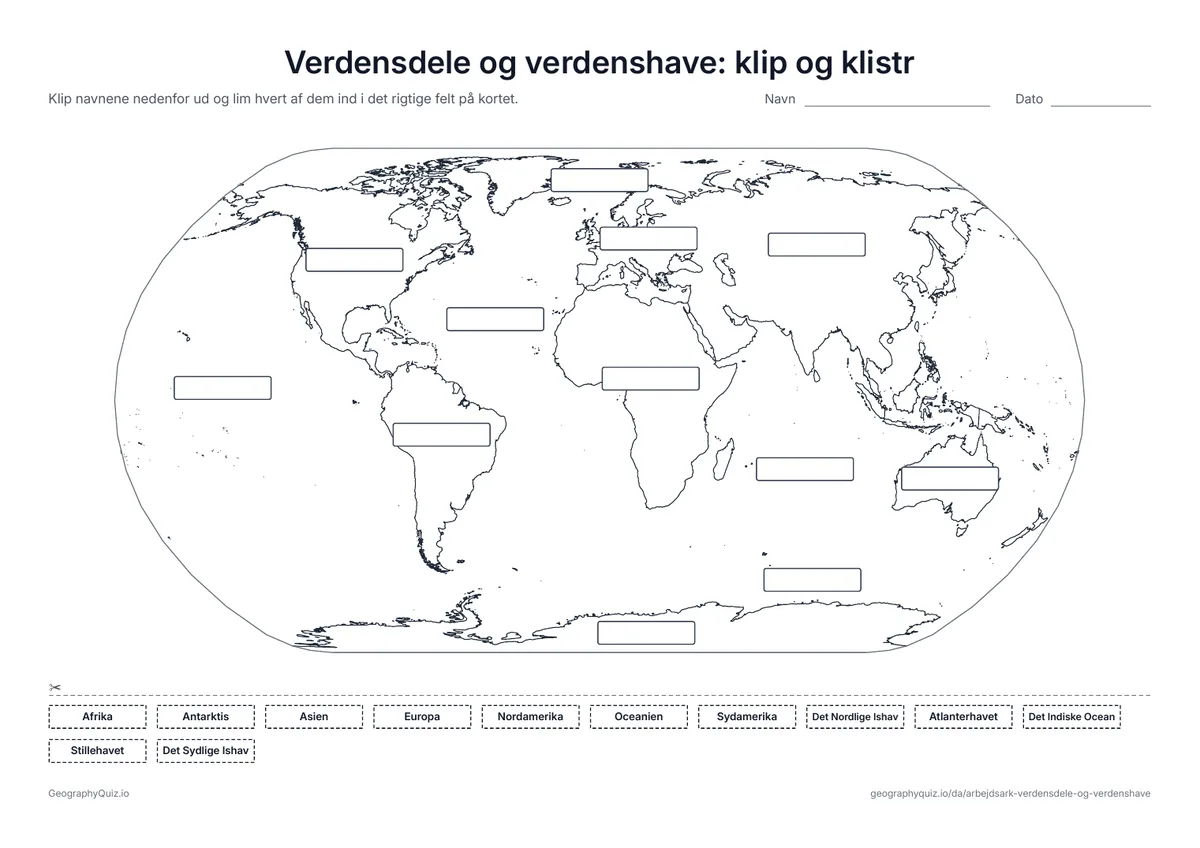 Forhåndsvisning af arbejdsarket »Verdensdele og verdenshave: klip og klistr« til udskrift: Tolv tomme felter på kortet og tolv navne at klippe ud og klistre ind – et klippeark til de yngste